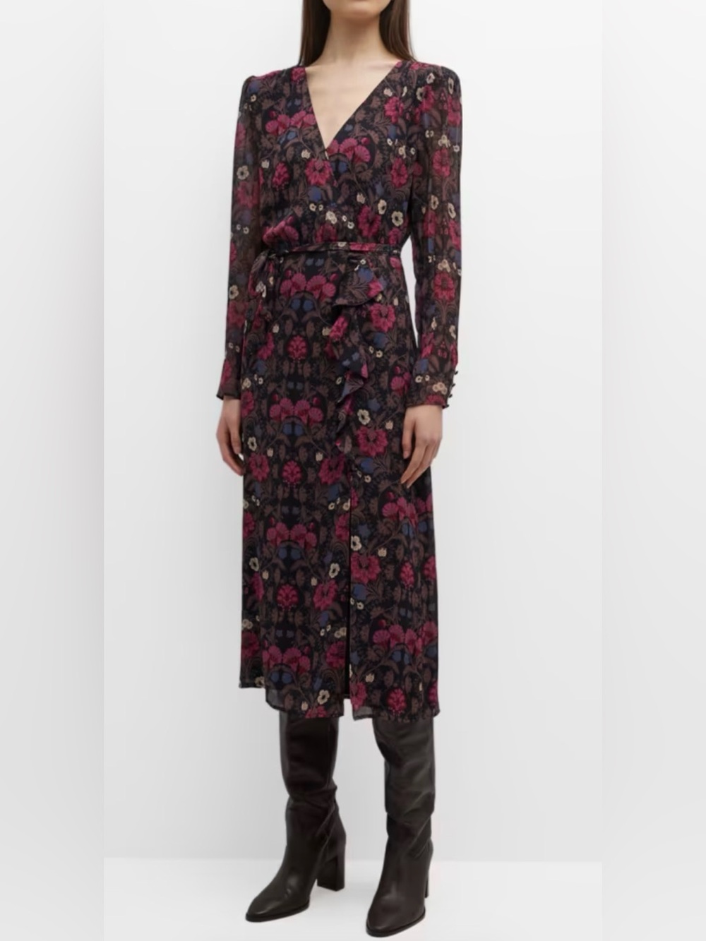 PAIGE Ledara Black Silk Dark Floral Long Sleeved Wrap Midi Dress